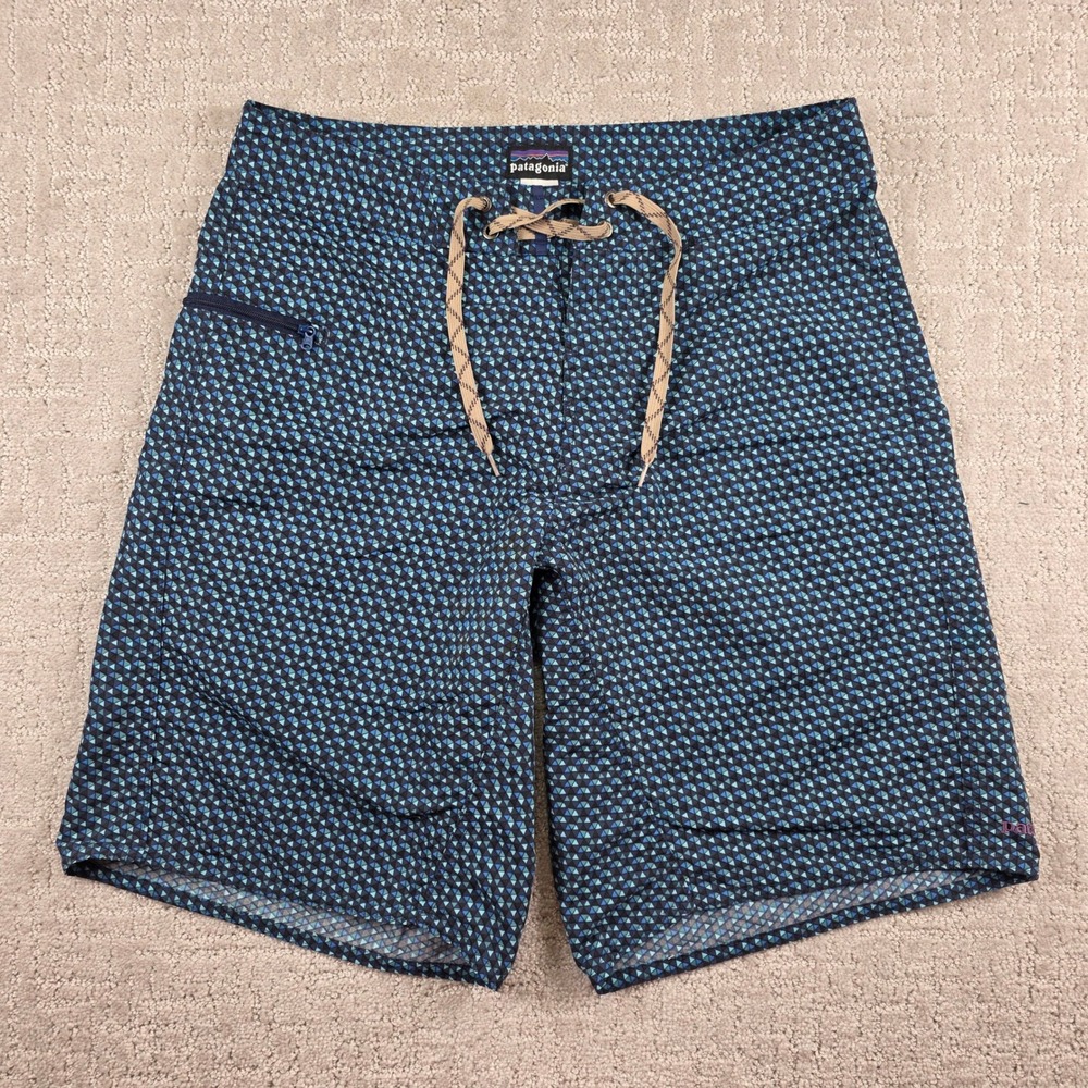 Patagonia Mens 30 Board Shorts Blue Geometric Triangle Print Swim Trunks Nylon